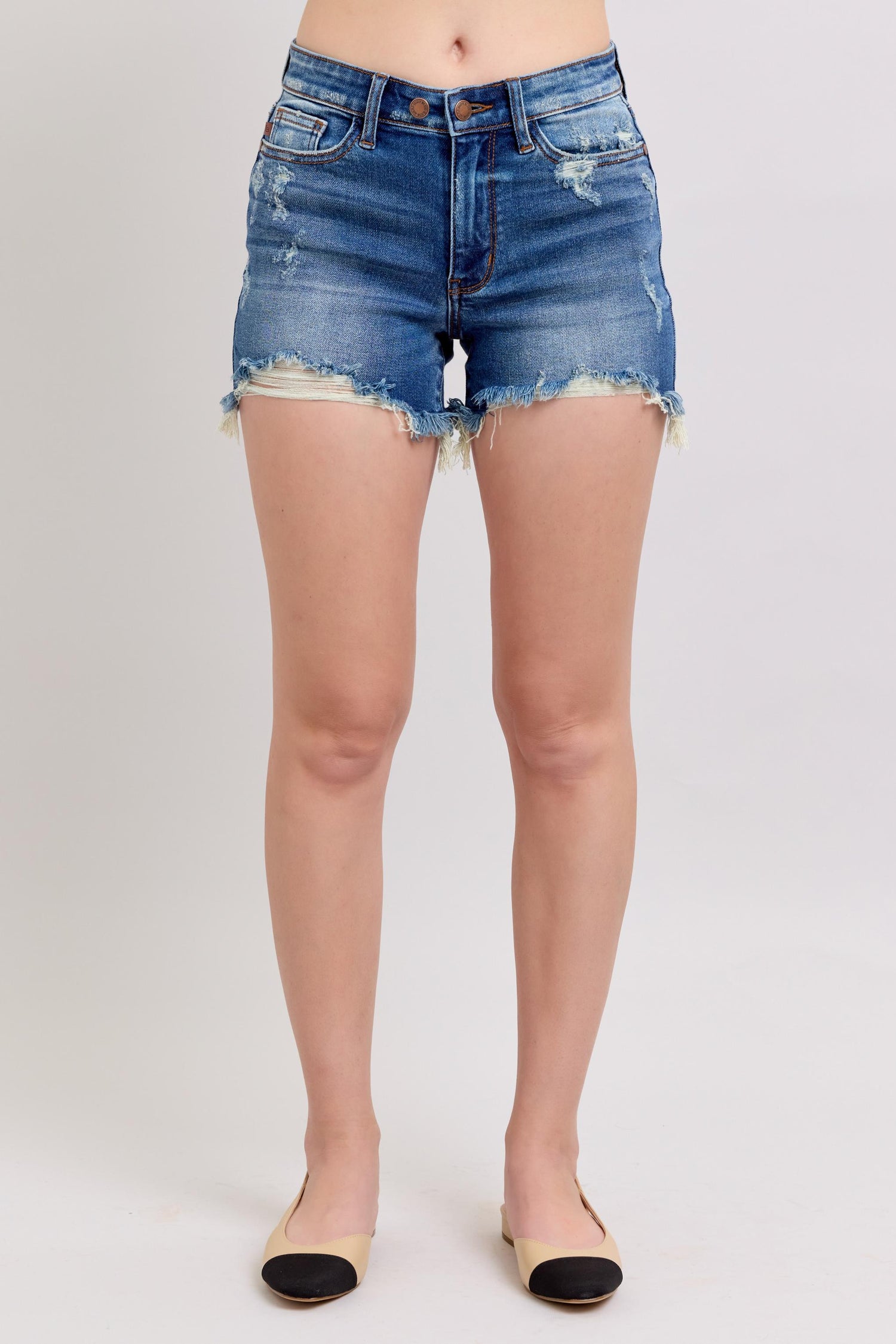 Judy Blue Distressed 2-Button Dad Shorts w/Frayed Hem - PinkPro Beauty Supply