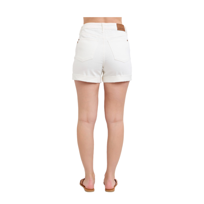 Judy Blue White Double Roll Cuff Shorts - High Waist - PinkPro Beauty Supply