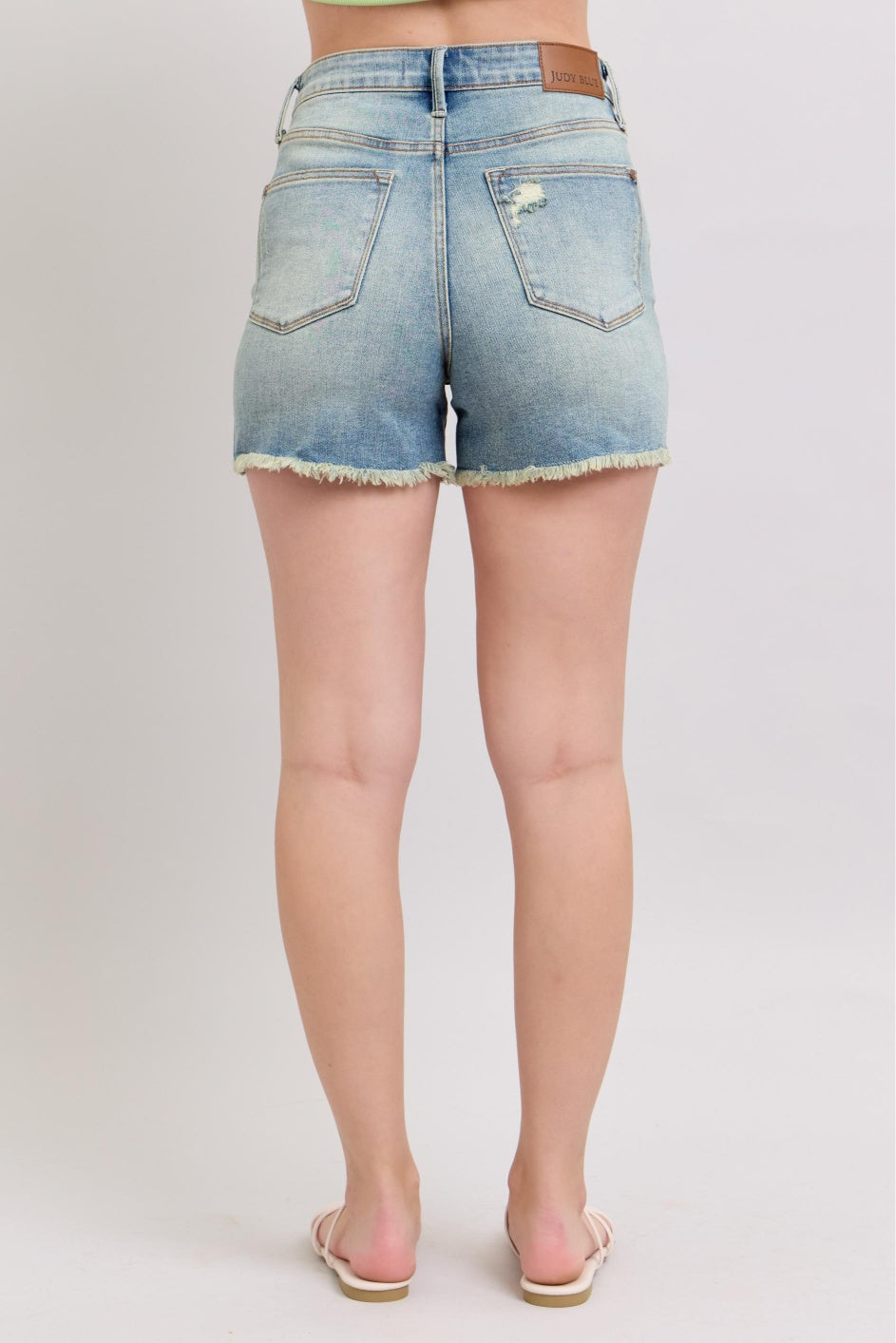 Judy Blue Vintage Fly Stitch Shorts - Distressed High Waist Denim - PinkPro Beauty Supply