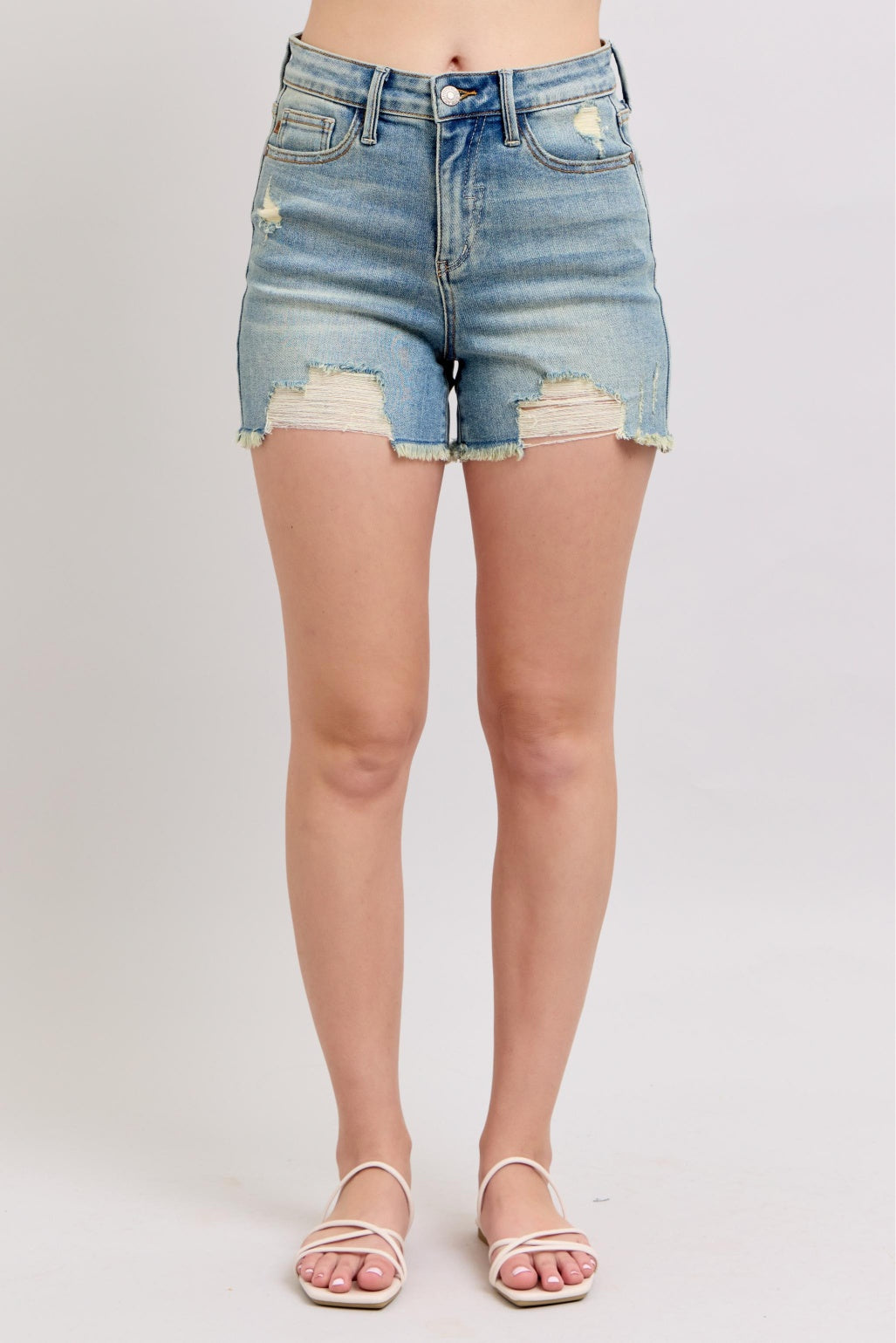 Judy Blue Vintage Fly Stitch Shorts - Distressed High Waist Denim - PinkPro Beauty Supply
