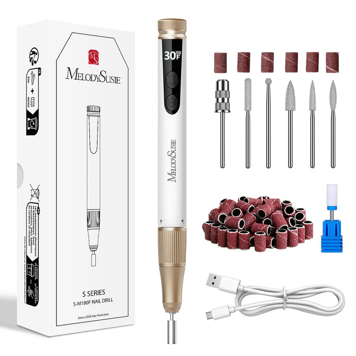 MelodySusie Recharge Portable & Stepless Speed Rechargeable Nail Drill 30000RPM - White - PinkPro Beauty Supply