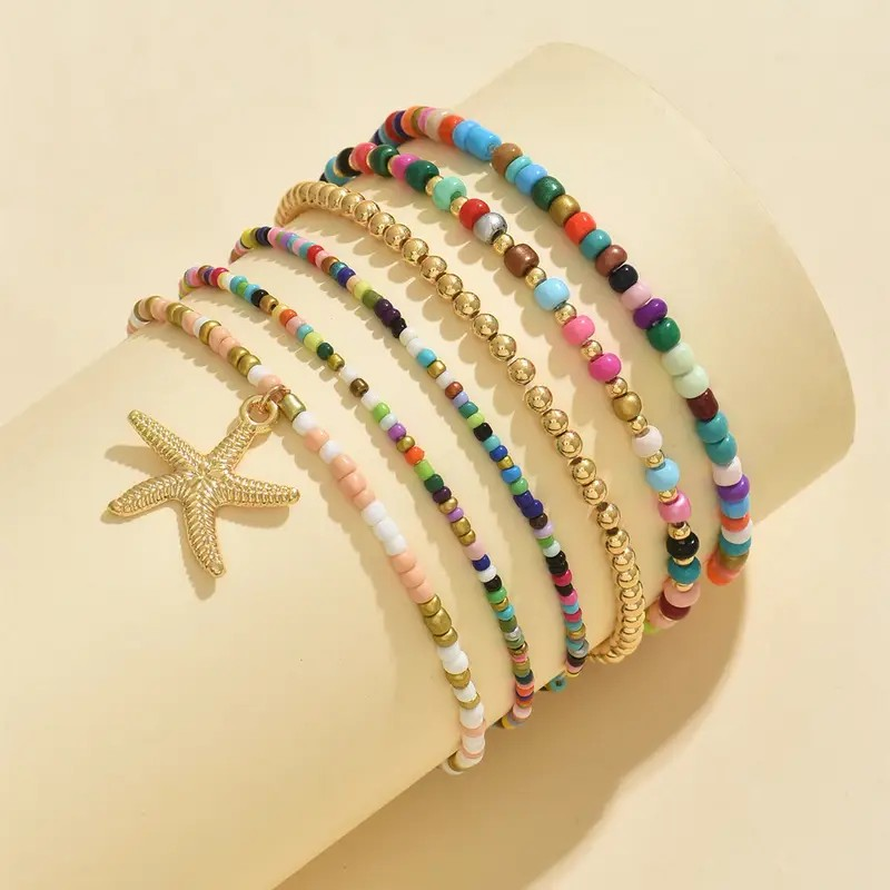 Anklet Set Boho Starfish Multicolor - 6 Piece PinkPro Beauty Supply