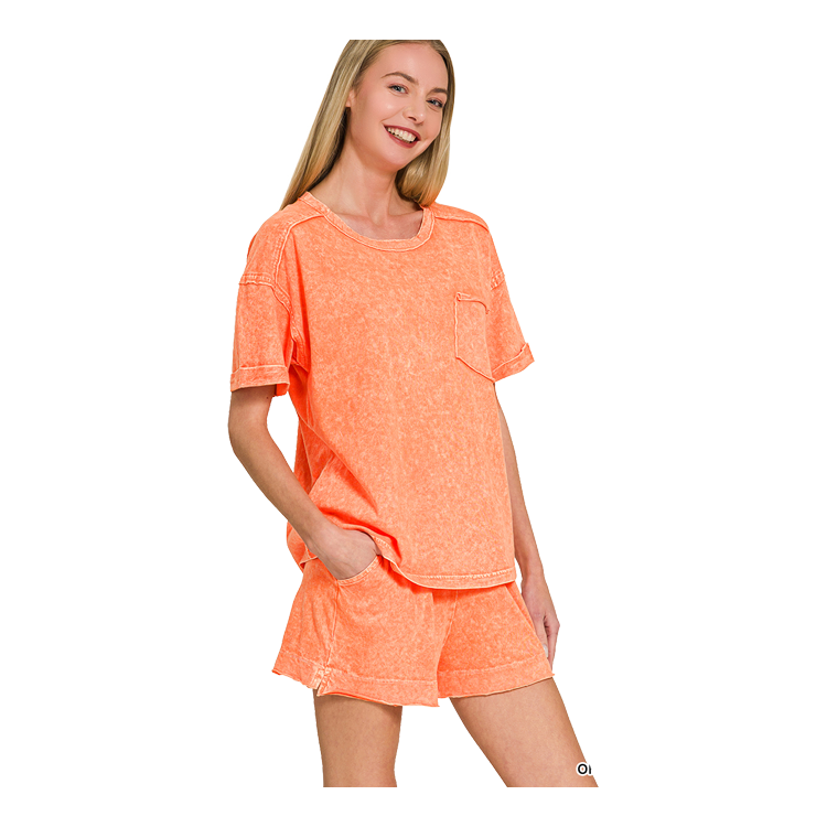 Zenana Snow Washed Exposed Seam Top & Shorts Set - Orange