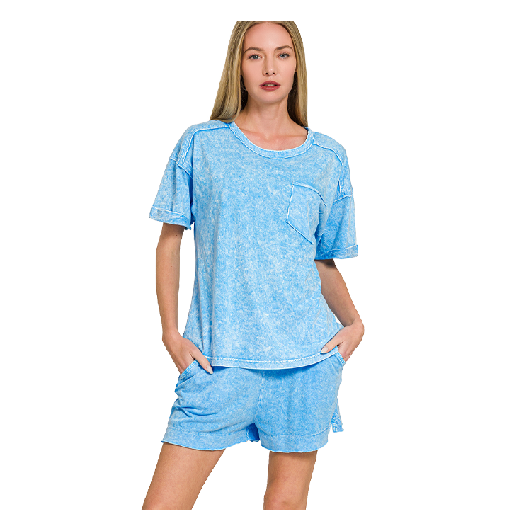 Zenana Snow Washed Exposed Seam Top & Shorts Set - Sky Blue