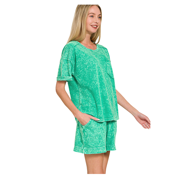Zenana Snow Washed Exposed Seam Top & Shorts Set Kelly Green