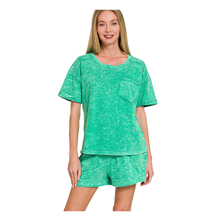 Zenana Snow Washed Exposed Seam Top & Shorts Set Kelly Green