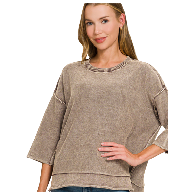 Zenana Sweater Washed Boxy 3/4 Sleeve - Chocolate Zenana