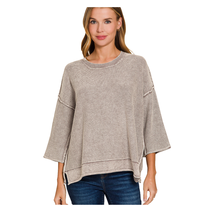 Zenana Sweater Washed Boxy 3/4 Sleeve - Mocha Zenana