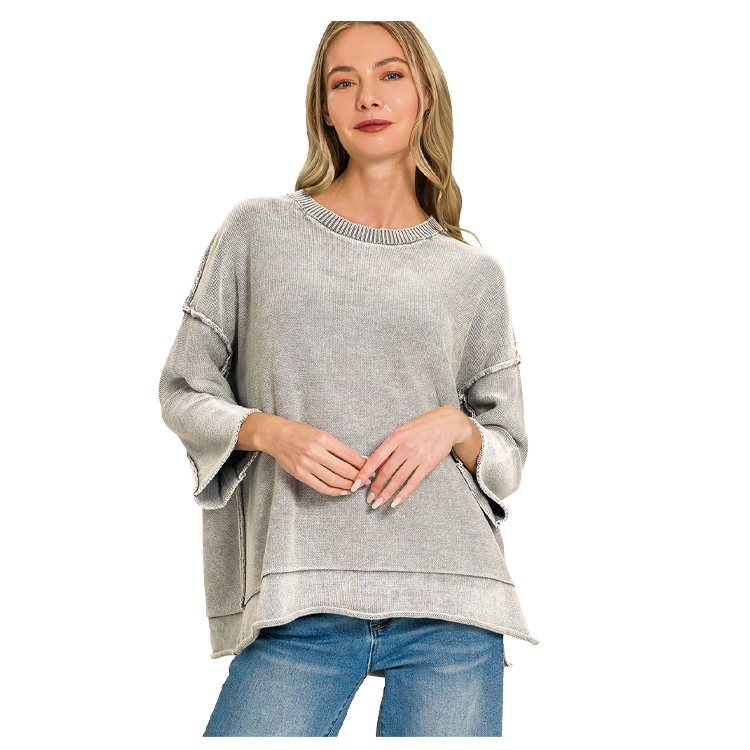 Zenana Sweater Washed Boxy 3/4 Sleeve - Sleet