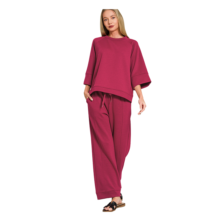 Zenana Short Sleeve Scuba Set 3/4 Pants - Cabernet Zenana