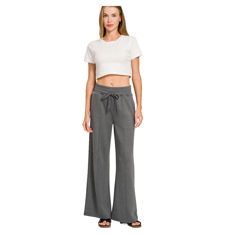 Zenana Scuba 2 Piece Pullover Collared Short Sleeve Top & Seamed Pants Set - Grey