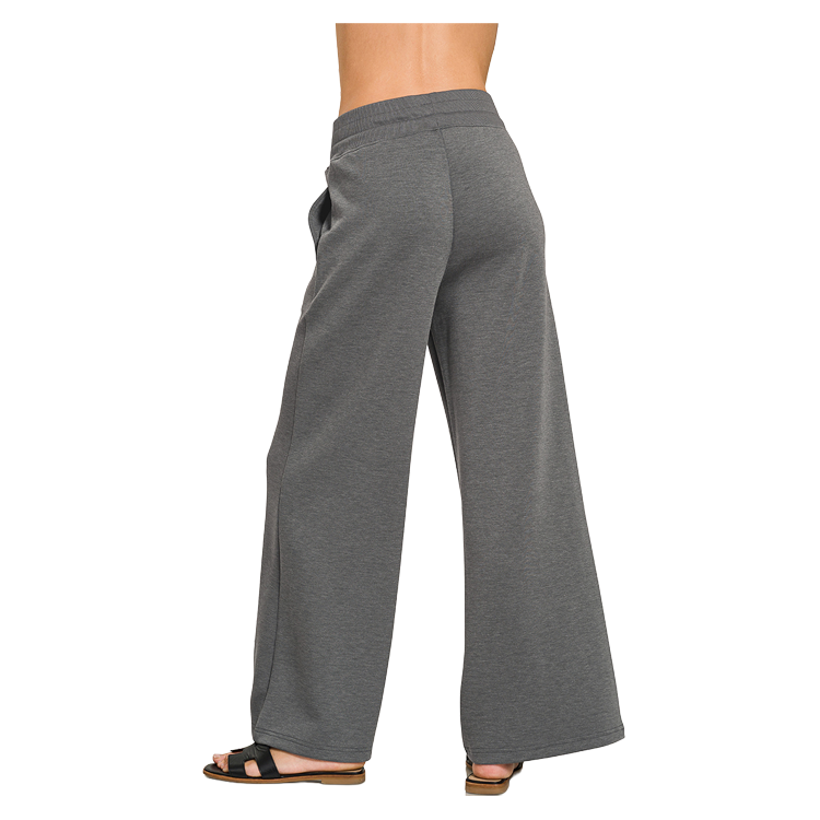Zenana Scuba 2 Piece Pullover Collared Short Sleeve Top & Seamed Pants Set - Grey