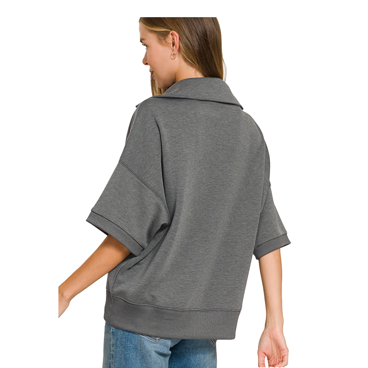 Zenana Scuba 2 Piece Pullover Collared Short Sleeve Top & Seamed Pants Set - Grey