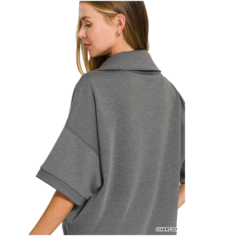Zenana Scuba 2 Piece Pullover Collared Short Sleeve Top & Seamed Pants Set - Grey