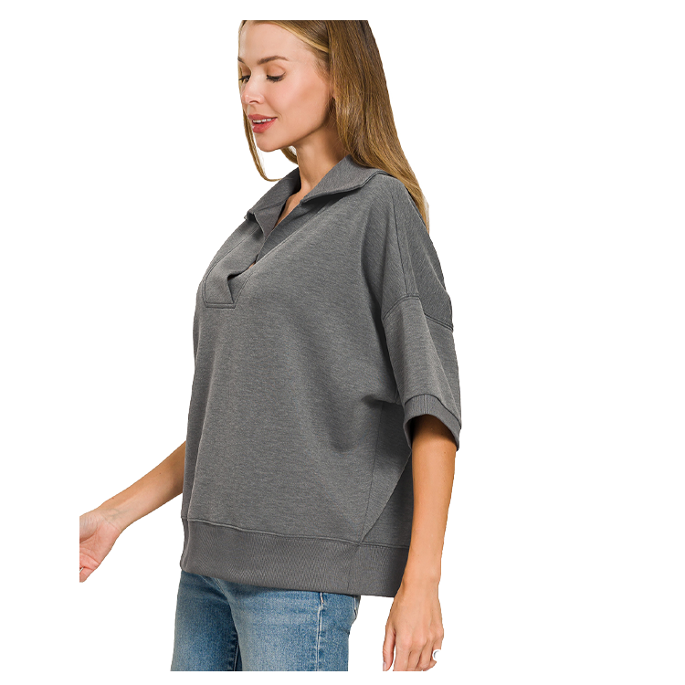 Zenana Scuba 2 Piece Pullover Collared Short Sleeve Top & Seamed Pants Set - Grey