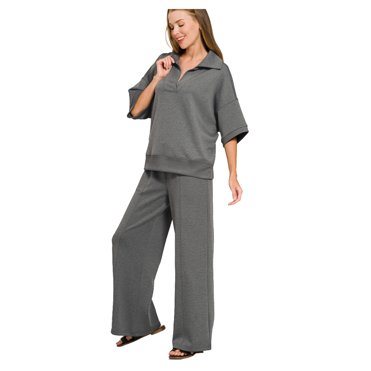 Zenana Scuba 2 Piece Pullover Collared Short Sleeve Top & Seamed Pants Set - Grey