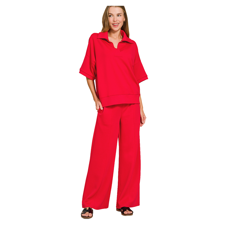 Zenana Scuba 2 Piece Pullover Set Collared Top & Seamed Pants - Ruby