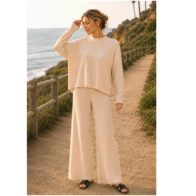 Zenana 2-Piece Viscose Sweater & Pants - Light Beige