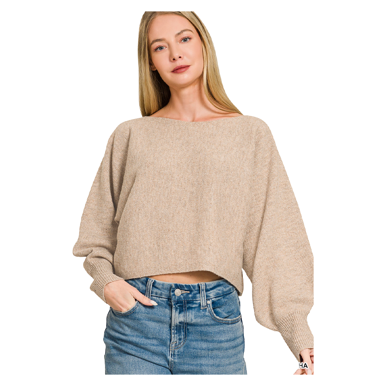 Zenana Sweater Boatneck Balloon Sleeve - Heather Mocha Zenana