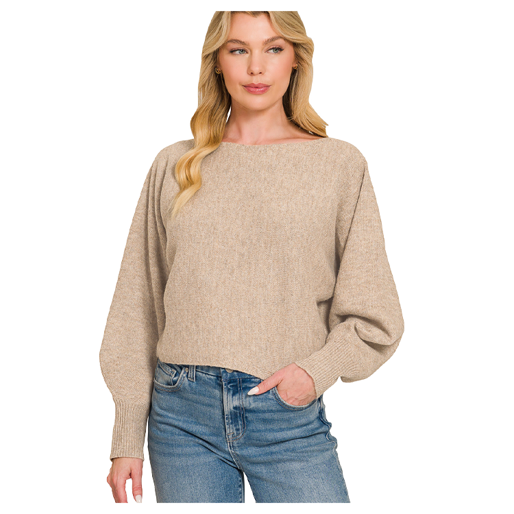 Zenana Sweater Boatneck Balloon Sleeve - Heather Mocha Zenana