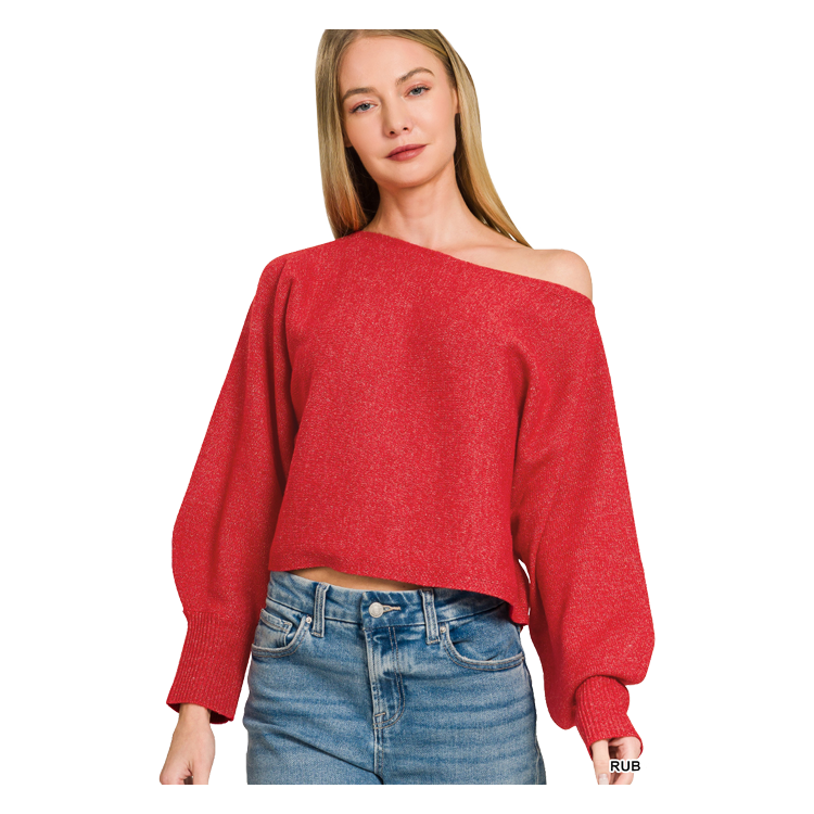 Zenana Sweater Boatneck Balloon Sleeve - Ruby