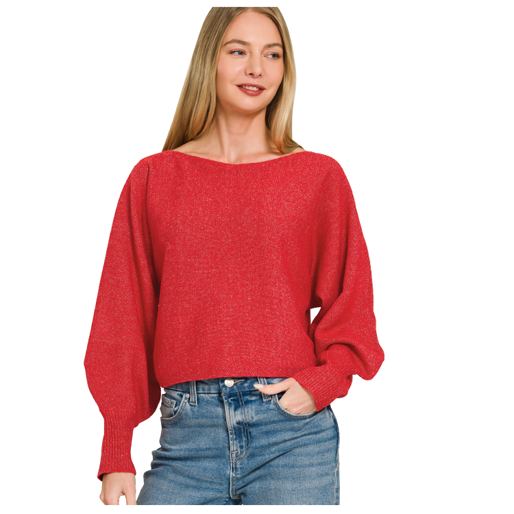 Zenana Sweater Boatneck Balloon Sleeve - Ruby