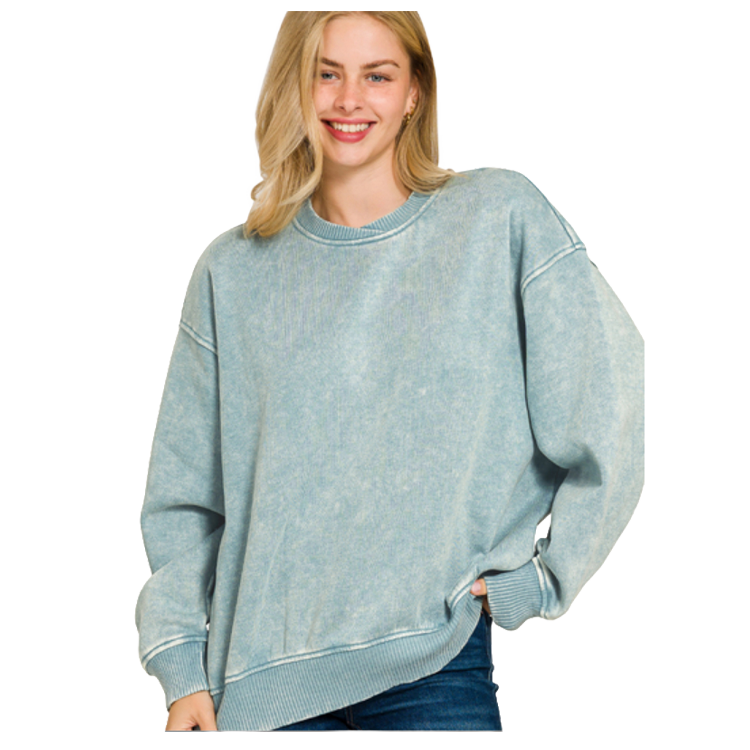 Zenana Pullover Acid Wash Oversized Fleece Pullover - Ash Blue