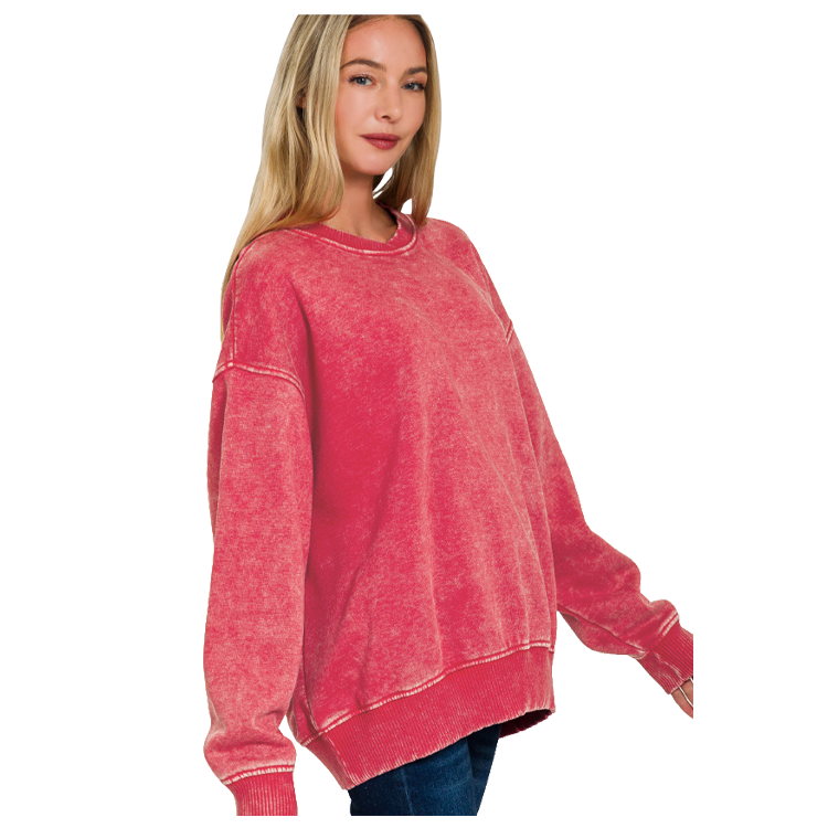 Zenana Pullover Acid Wash Oversized Fleece Pullover - Dark Red