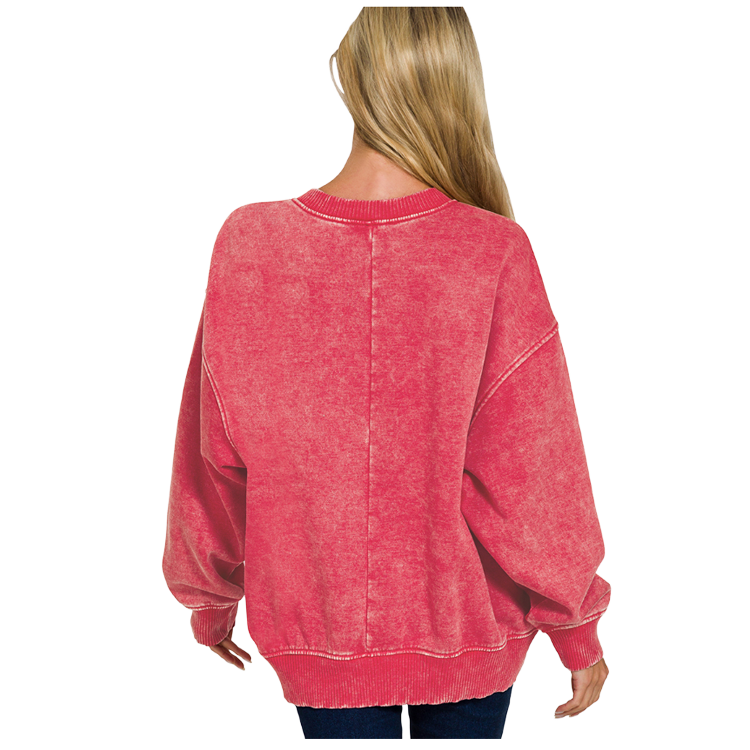 Zenana Pullover Acid Wash Oversized Fleece Pullover - Dark Red