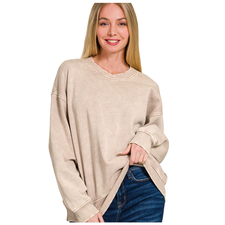 Zenana Pullover Acid Wash Oversized Fleece Pullover - Ash Mocha