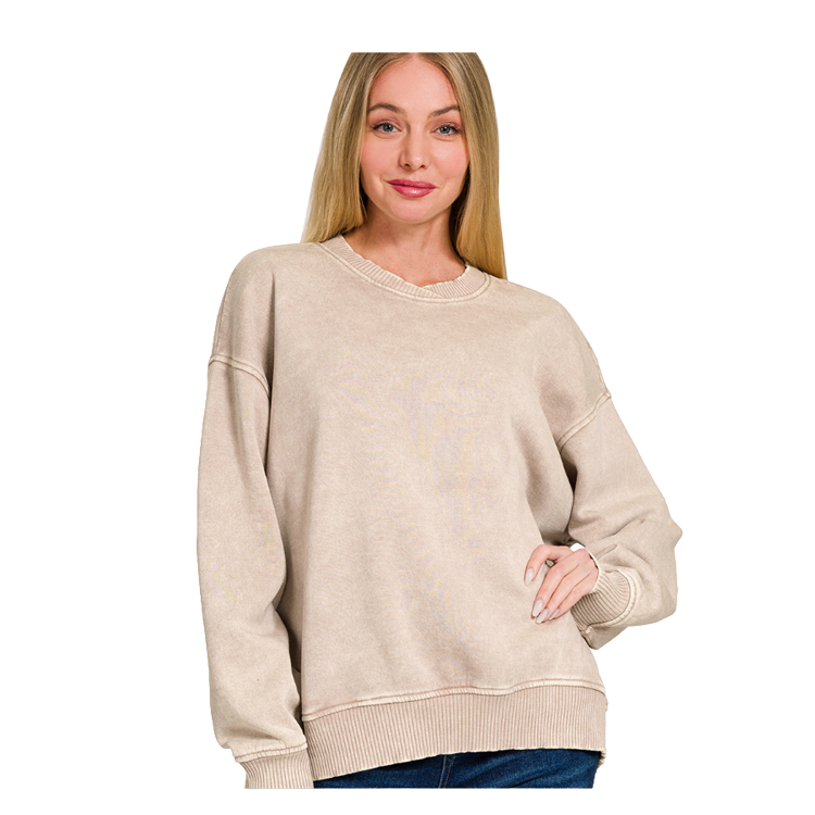 Zenana Pullover Acid Wash Oversized Fleece Pullover - Ash Mocha