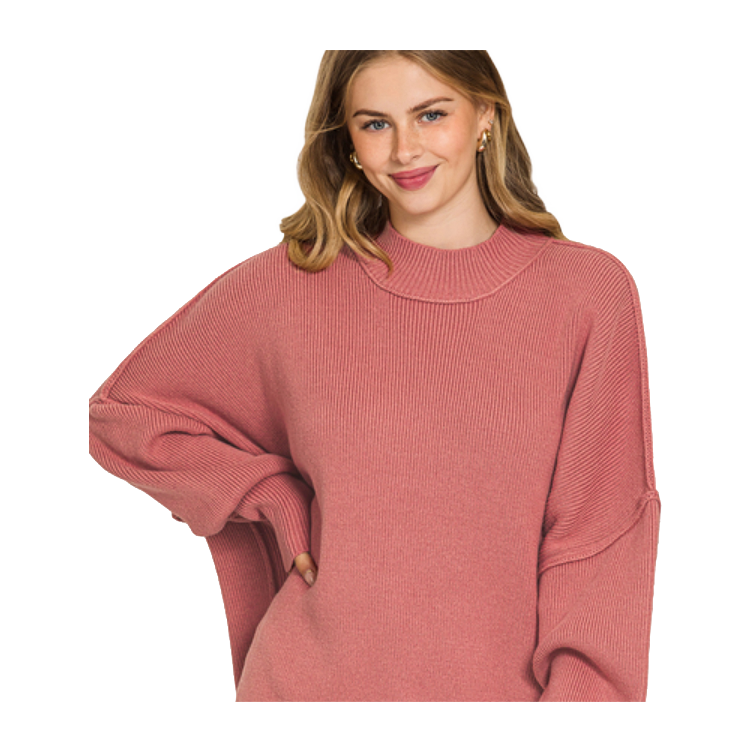 Zenana Top Sideslit Oversized Sweater - Winter Rose