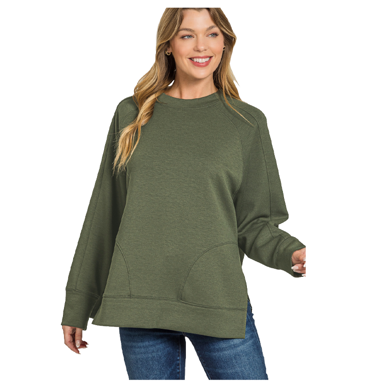 Zenana Pullover Round Neck With Side Slits Dark Olive