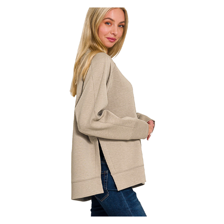 Zenana Pullover Round Neck With Side Slits Ash Mocha