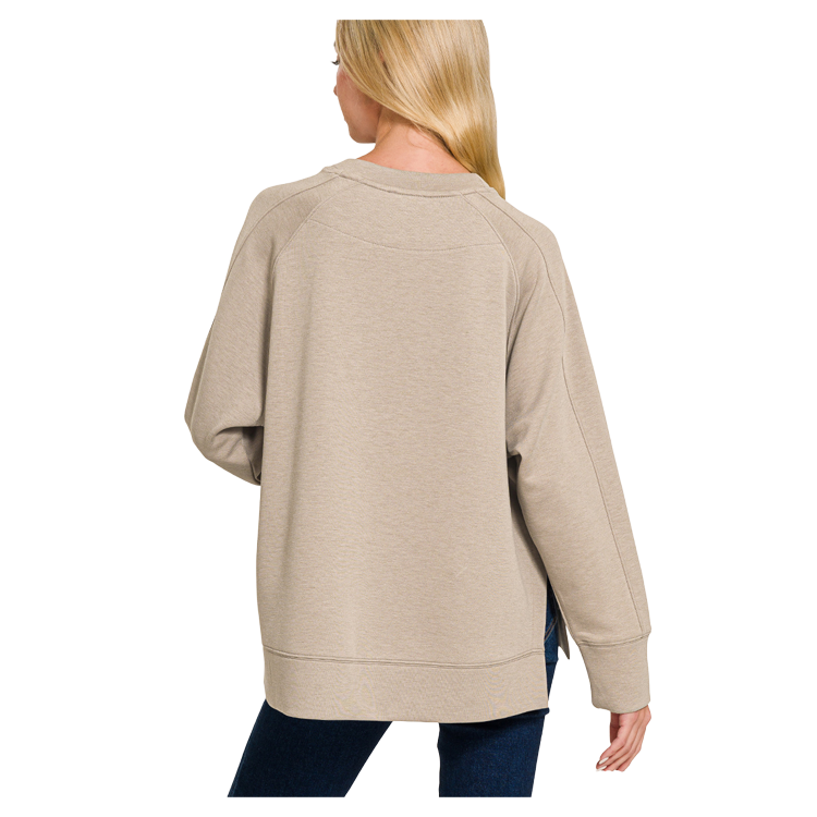 Zenana Pullover Round Neck With Side Slits Ash Mocha
