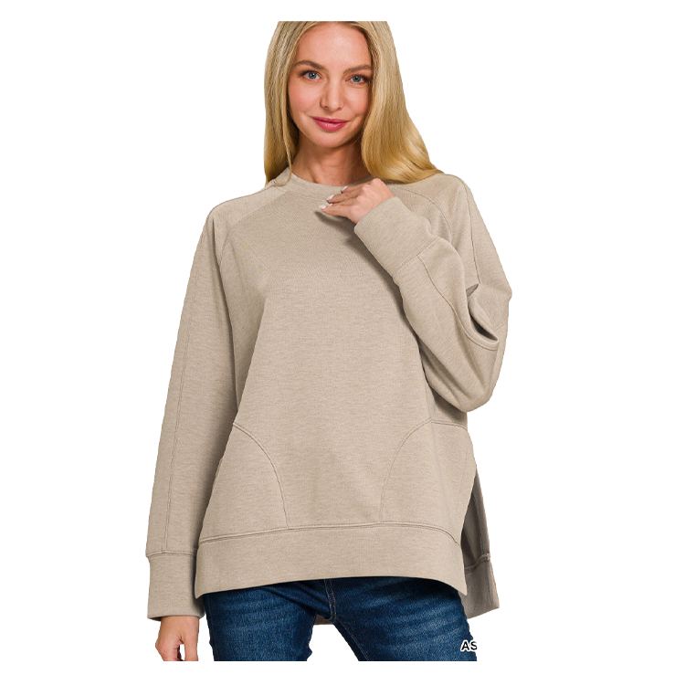 Zenana Pullover Round Neck With Side Slits Ash Mocha