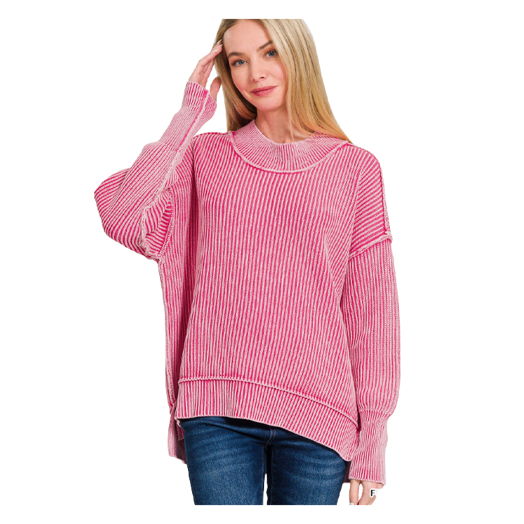 Zenana Sweater Oversized Side Slit - Fuchsia