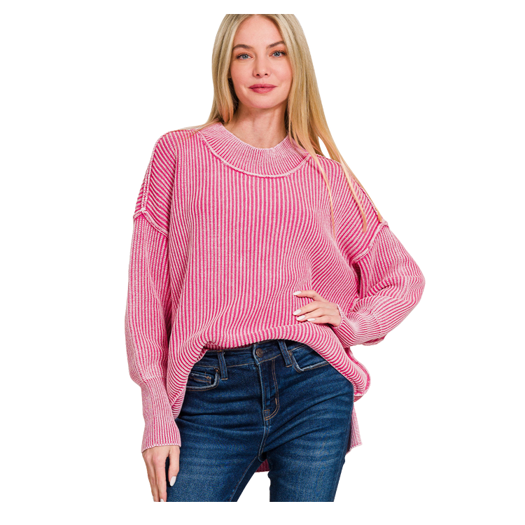 Zenana Sweater Oversized Side Slit - Fuchsia