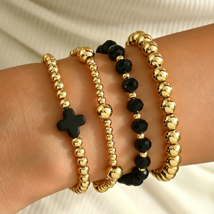 Boho Cross Beaded Stretch Bracelet set 4 Piece - Black and Gold