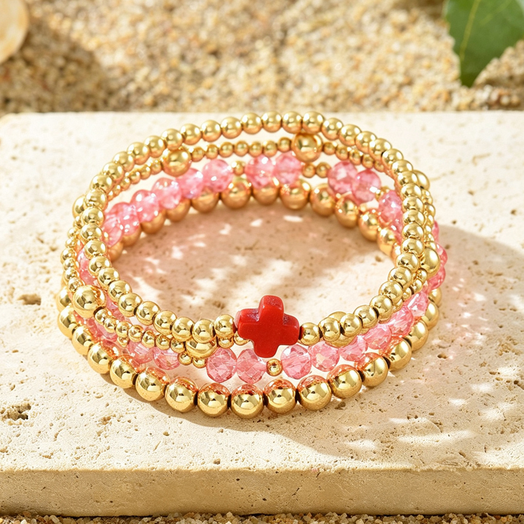 Boho Cross Beaded Stretch Bracelet set 4 Piece - Dark Pink/Gold