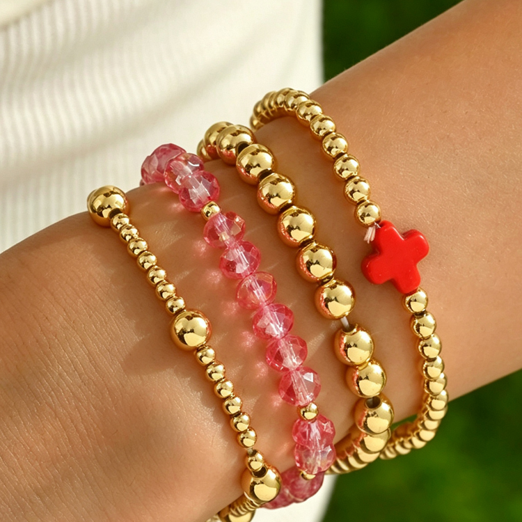 Boho Cross Beaded Stretch Bracelet set 4 Piece - Dark Pink/Gold
