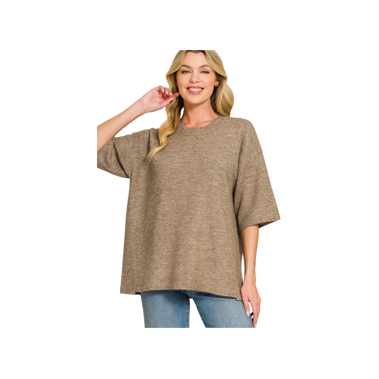 Zenana Sweater Short Sleeve Oversized - Mocha