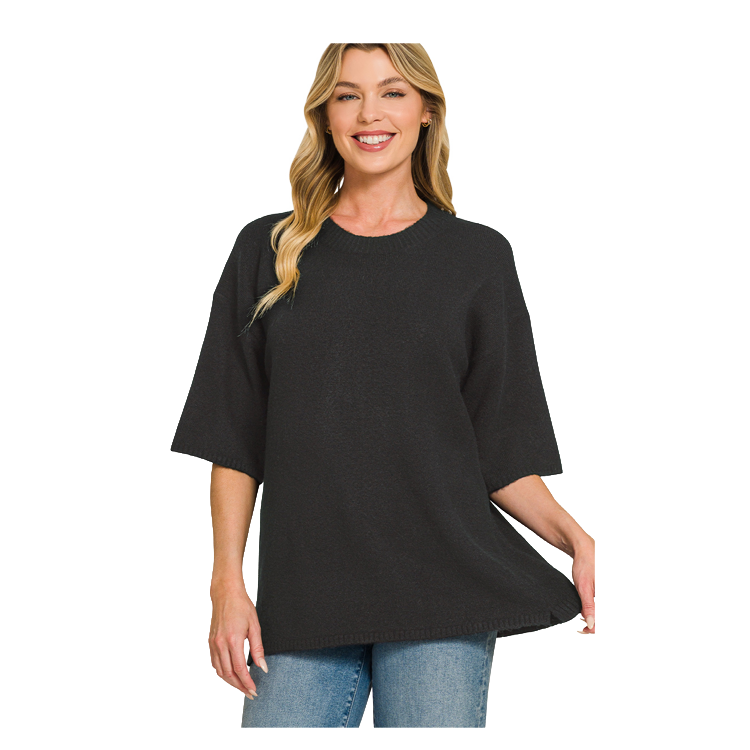 Zenana Sweater Short Sleeve Oversized - Black