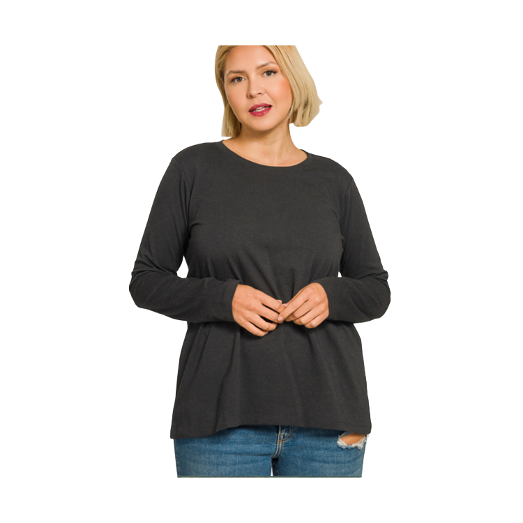 Zenana Cotton Top Crew Neck Long Sleeve - Black
