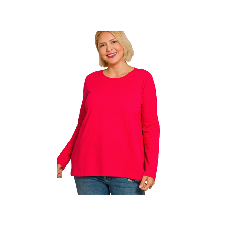 Zenana Plus Size Cotton Top Crew Neck Long Sleeve - Ruby