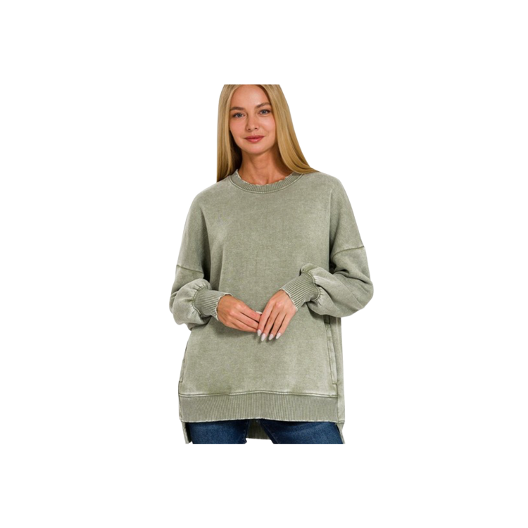 Zenana Plus Size Fleece Acid Wash Hi-Low Hem - Light Olive