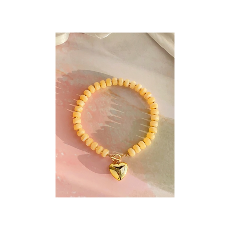 Beaded Gold Heart Necklace - Beige