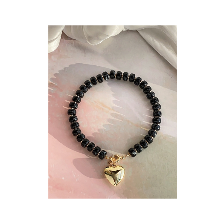 Beaded Gold Heart Necklace - Black