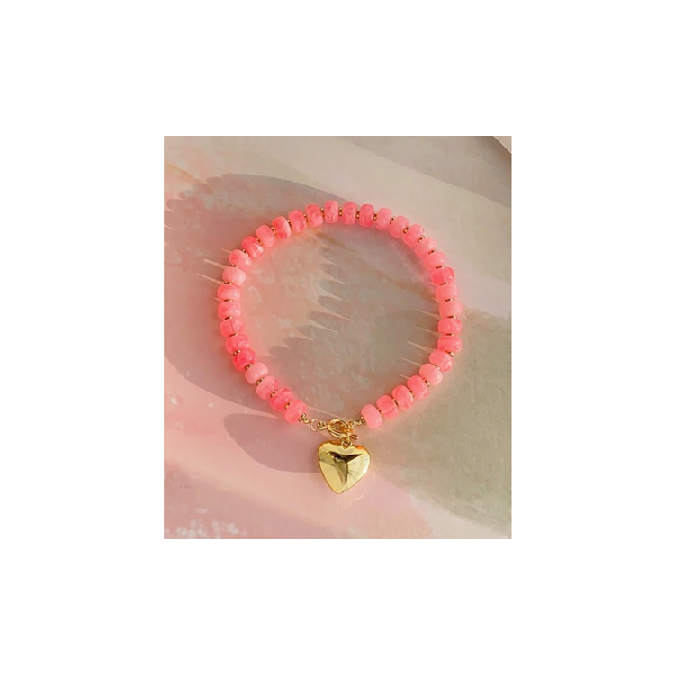 Beaded Gold Heart Necklace - Fuchsia