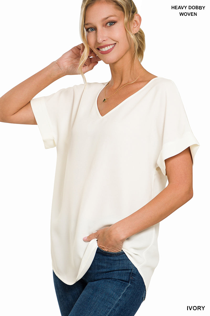 Zenana Top Woven Rolled Sleeve V-Neck - Ivory - PinkPro Beauty Supply